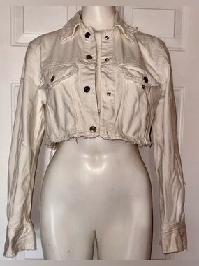 Zara White Denim Cropped Distressed Jacket size Medium